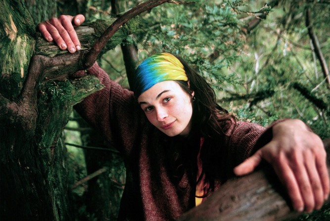 Julia “Butterfly” Hill in old-growth redwood tree where she lived for two years. -Shaun Walker:AP