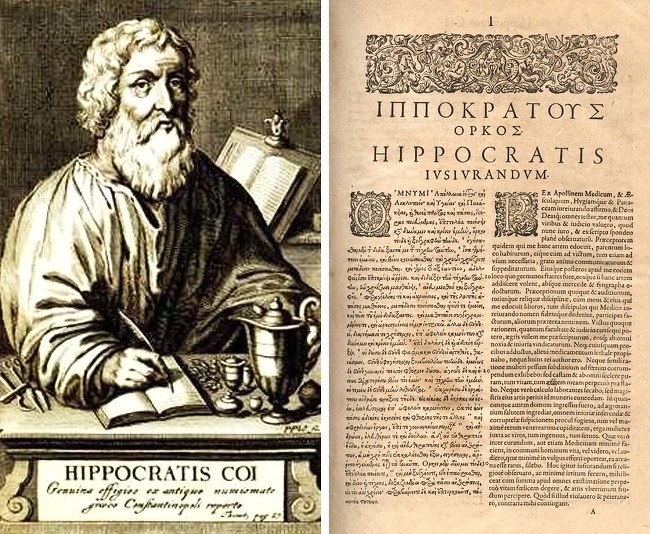 Hippocrates with his hand-printed and "iulluminated" manuscript
